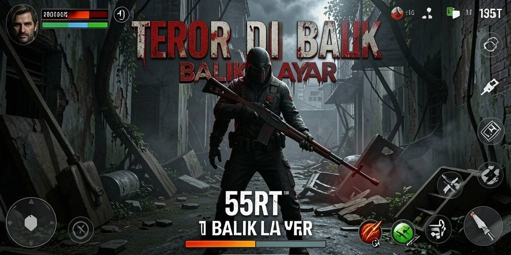 Screenshot utama 55RT menampilkan karakter dalam situasi mencekam dan gelap.