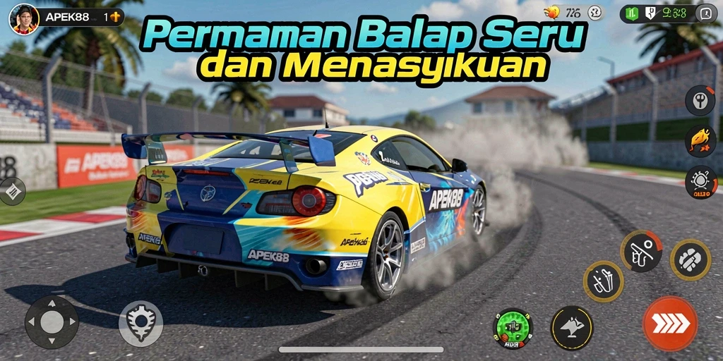 Screenshot APEK88 menampilkan aksi balap yang seru di trek menantang.