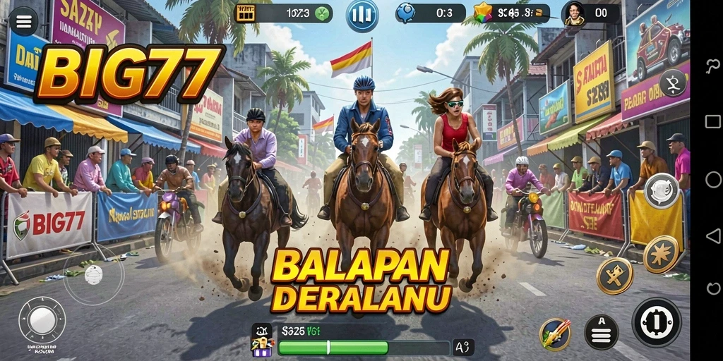 Tangkapan layar game BIG77 menunjukkan aksi balapan yang mendebarkan.