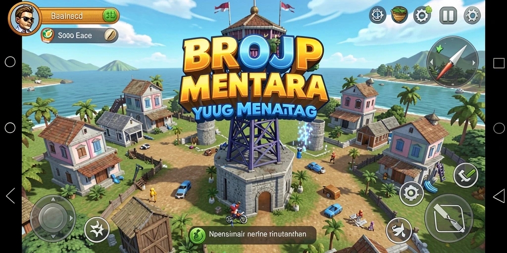 Tampilan screenshot utama BROJP menampilkan aksi menara bertahan melawan serangan musuh.