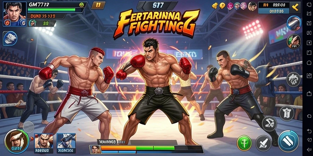 Screenshot menunjukkan pertarungan epik karakter dalam GM777.