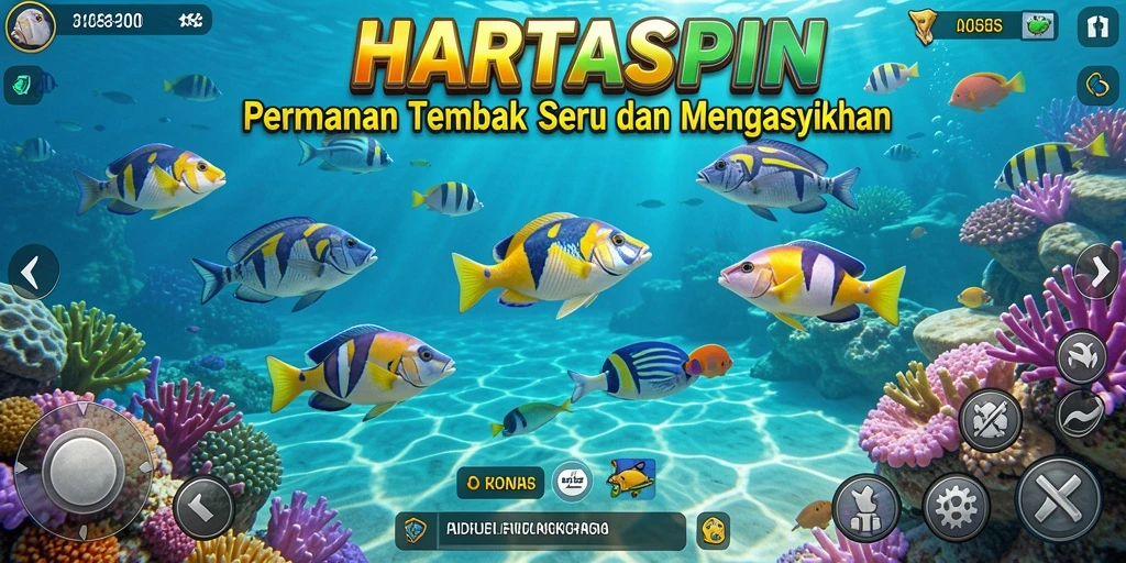 Tampilan seru gameplay HARTASPIN dengan aksi menembak ikan.