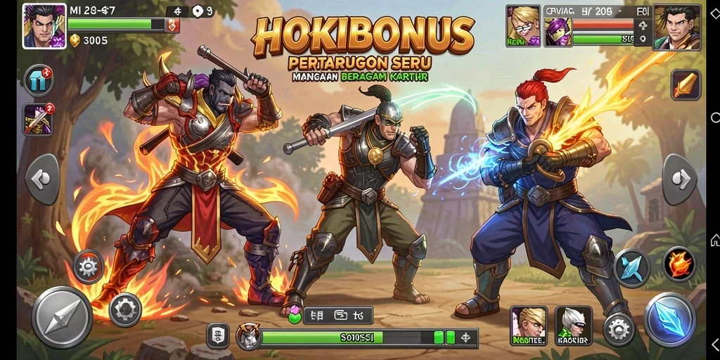 Screenshot menampilkan pertarungan seru dalam HOKIBONUS dengan karakter-karakter unik.