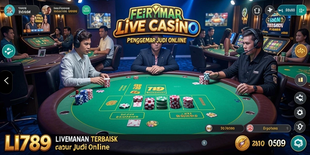 Screenshot gameplay LI789 menampilkan dealer cantik dan meja permainan yang seru.