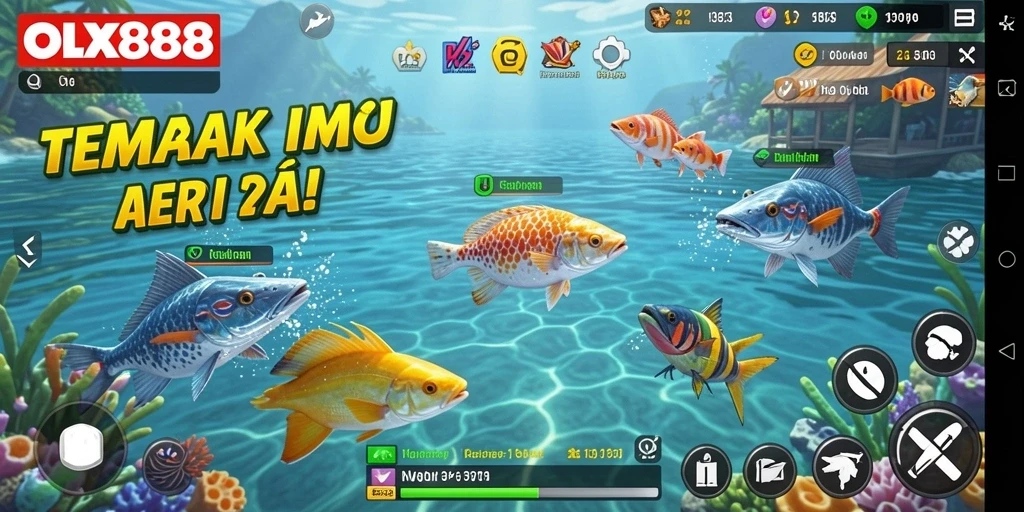 Screenshot gameplay OLX888 menampilkan serunya menangkap ikan di bawah laut.