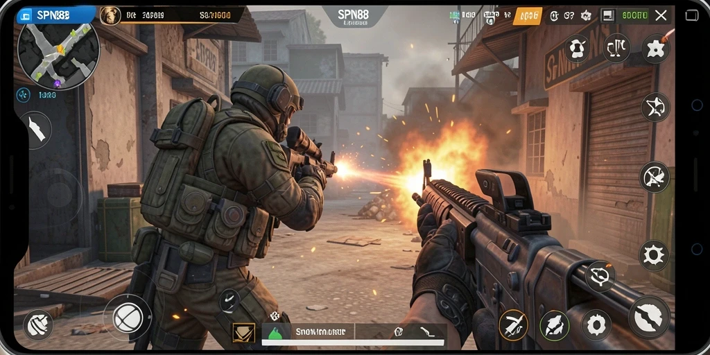 Screenshot gameplay SPN88 menunjukkan aksi tembak-menembak yang intens.