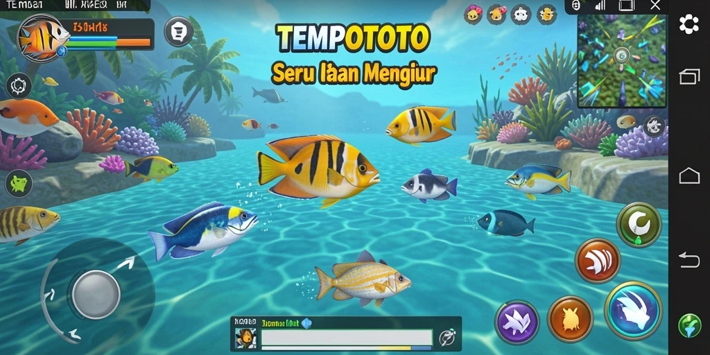 Screenshot TEMPOTOTO menampilkan aksi seru menembak ikan di lautan.