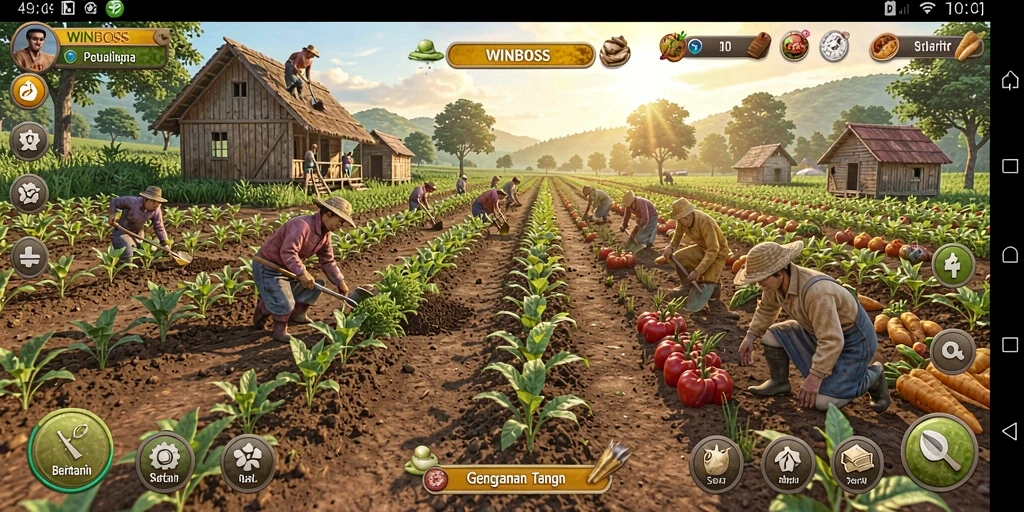 Screenshot utama <strong>WINBOSS</strong> menampilkan pemain yang aktif mengelola kebun mereka.